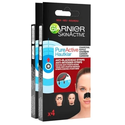 Afbeelding van Garnier SkinActive Pure Active Strip Zone T Anti mee eterpleisters met houtskool voor neus en kin salicylzuur, 2 verpakkingen 4 pleisters