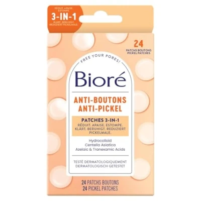 Afbeelding van Bioré 3 in 1 puistjespleisters, inhoud 24 stuks, hydrocolloïde, Centella Asiatica, dermatologisch getest, bevordert verkleuring van puistjes