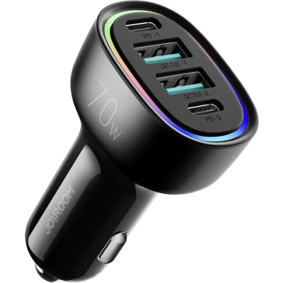 Afbeelding van 4 in 1 Autolader met USB C en A Snellader 70W RGB Zwart