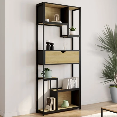 Image de Etagère bibliothèque 6 niveaux asymétrique DETROIT avec tiroir design industriel 161 cm