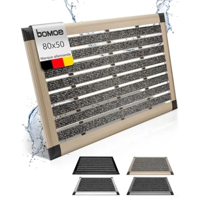 Afbeelding van BOMOE deurmat van aluminium, 50 x 80 cm, AluGant, hoofddeur, met rubber champagne, metallic, voor buiten, regenbestendig, vuilverzamelaar, binnen