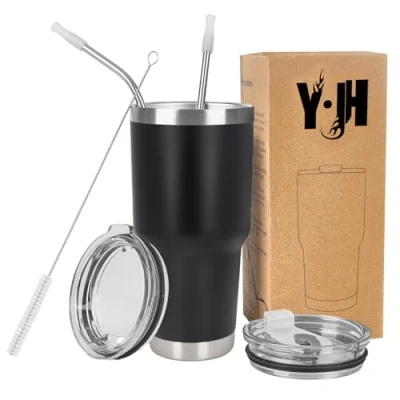 Afbeelding van Y·J&amp;H 30oz (850ml) Travel Tumbler Dubbelwandige vacuüm geïsoleerde koffiemok roestvrij stalen koffiekop met 2 spatwaterdicht deksel, rietjes en gratis reinigingsborstel, BPA vrij Zwart
