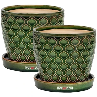 Afbeelding van KOTARBAU® Set van 2 keramische plantenpotten, plantenpotten 12 cm groen vintage met lekbak visschubben