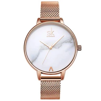 Afbeelding van Alienwork SK Minimalist Dameshorloge, ultradun, elegant, Roségoud/wit/roségouden mesh armband, armband