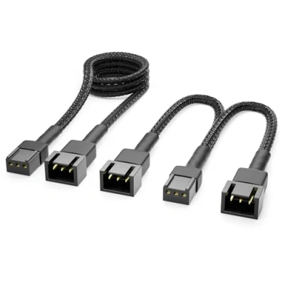Afbeelding van deleyCON 3 polige ventilatorkabelset, verlengkabel, 60 cm verlengkabel + 15 Y kabel, plug &amp; play nylon kabel voor computerwerkplek, pc, zwart