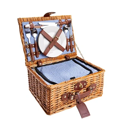 Afbeelding van Handgemaakte picknickmand voor 2 personen met koelvak, multifunctioneel mes, roestvrijstalen bestek, porseleinen borden en wijnglazen BLAUW