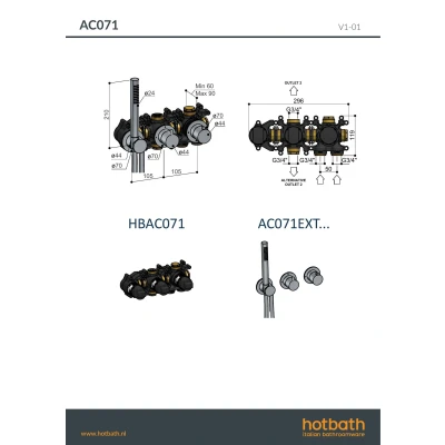 Afbeelding van Hotbath Afbouwdeel Inbouw thermostaat met 2 weg stop omstel handdouche/ doucheslang Geborsteld Zwart PVD AC071EXTMBP
