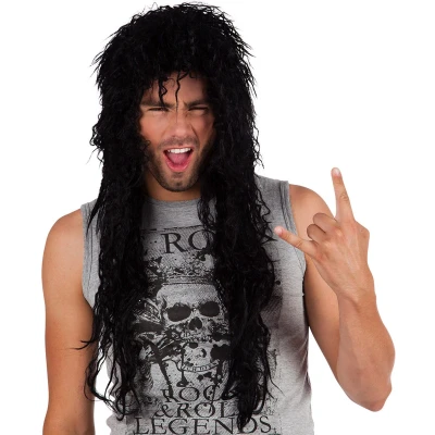 Afbeelding van Boland Pruik Cooper Zwart Krullen Lang Mannen Rocker Rock &amp; Roll 80&#039;s 90&#039;s Punk Aso