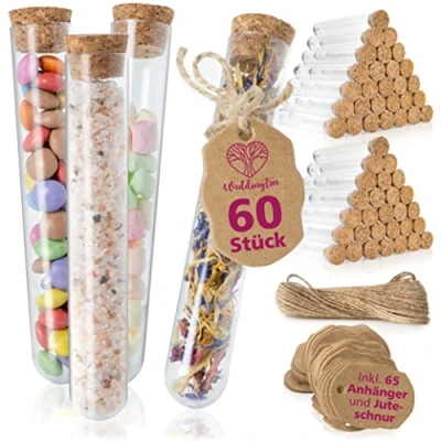 Afbeelding van WeddingTree Reageerbuisjes, 60 stuks, 18 x 105 mm, van kunststof, 20 ml inhoud, met kurk, jute koord en hanger, als gastgeschenk, bruiloftsdecoratie kruidenglaasjes