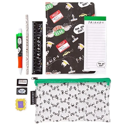 Afbeelding van Friends Briefpapierset voor kinderen en volwassenen A5 centraal perk boek, liniaal, schrijfpen, potlood, gum, puntenslijper etui F.R.I.E.N.D.S