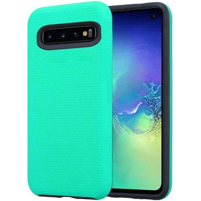 Afbeelding van Cadorabo Hoesje geschikt voor Samsung Galaxy S10 4G in LELIES TURKOOIS Hybride beschermhoes buiten met extra grip en antislip oppervlak driehoekig design, gemaakt van siliconen kunststof