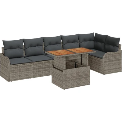 Afbeelding van vidaXL 7 Delige Tuin Sofaset met Kussens Grijs Poly Rattan Acacia, 2 Zits Sofa
