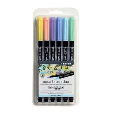 Afbeelding van Lyra Aqua Brush Duo, 6 kleuren, Verschillende Ronde punt &amp; penseelpunt, Zwart, Rond, Inkt op waterbasis