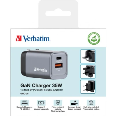 Afbeelding van Verbatim Ladeadapter, Universal, GNC 35, GaN, 35W, grau 1x USB A QC, C PD, Retail