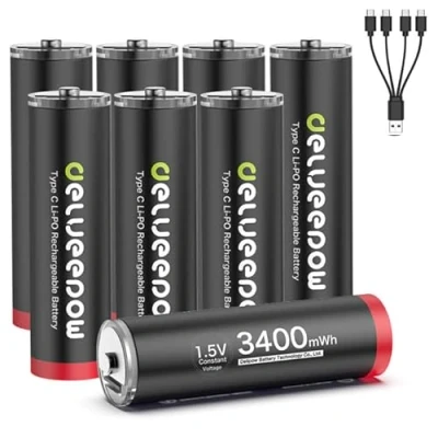 Afbeelding van Delyeepow 8 stuks USB C AA lithiumbatterijen 1,5 V 3400 mWh met 4 in 1 oplaadkabel uur snel opladen 1500 cycli