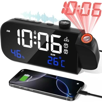 Afbeelding van MOSUO Wekker met projectie, wekkerradio temperatuur en vochtigheid, digitale projectiewekker voor slaapkamer, 2 alarmen, spraakactivering, dimmer, 7