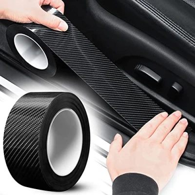 Afbeelding van Zwarte koolstofvezel drempelbeschermingsstrips voor autodeur om krassen te verminderen, universele bescherming auto/SUV/vrachtwagen (5 cm x 5 m)