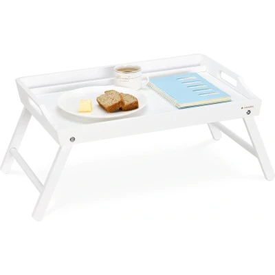 Afbeelding van Navaris bamboe bed Dienblad tafel voor in met opklapbare poten ontbijt 55,5 cm x 26,7 35,3 handgrepen Wit