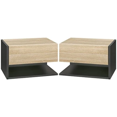 Afbeelding van HOMCOM set van 2 Nachtkastjes voor wandmontage, nachtkastjes, schuiflade, plank, dienblad, hout, tweekleurig, eikenlook, zwart