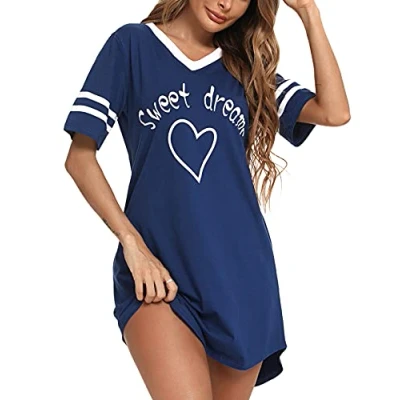 Afbeelding van Nachtkleding voor dames, nachthemd, katoen, nachtkleding, comfortabel, korte mouwen, pyjama, nachtjurk, loungewear, marineblauw, M