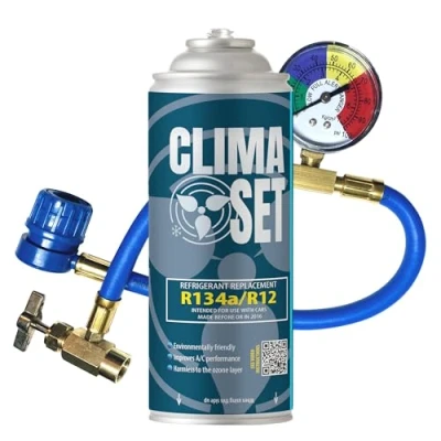 Afbeelding van ClimaSet Vervanging van koelgas R134a 1 x 170 g, voor airconditioning met manometer, temperatuurbeheer, airconditioner, flexibel beheren temperatuur in de auto, navulling airco gaspatroon,