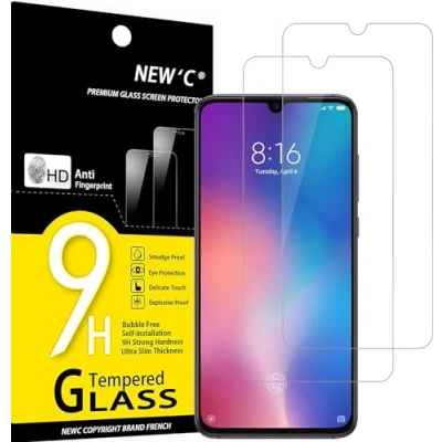 Afbeelding van NEW&#039;C Displaybeschermfolie van gehard glas voor Xiaomi Mi 9, 9 Pro, CC9, zonder luchtbellen, zeer robuust (0,33 mm HD Ultra Transparant), hardheid 9H, 2 stuks