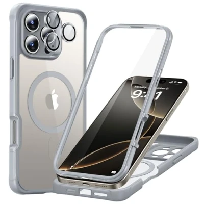 Afbeelding van ESR Beschermhoes voor iPhone 15 Pro, compatibel met MagSafe, 360 graden beschermhoes, schokbestendig, militaire standaard camerabescherming, lichtgrijs