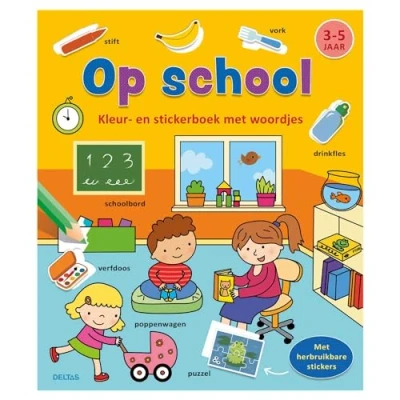 Afbeelding van Kleur en stickerboek met woordjes Op school (3 5 j.)