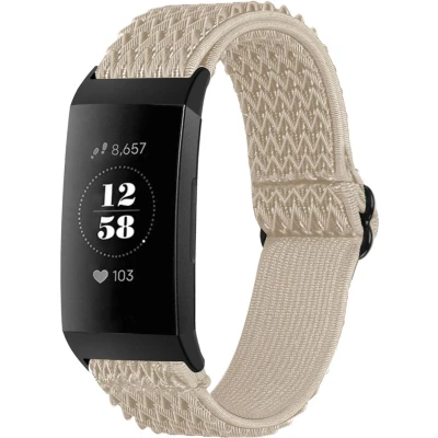 Afbeelding van iMoshion Bandje Geschikt voor Fitbit Charge 3 / 4 Elastisch nylon band met zwarte aansluiting Beige