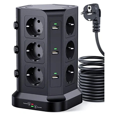 Afbeelding van [5 m kabel] stekkerdoos overspanningsbeveiliging en overspanning (4000 W/16 A), KOOSLA multi stopcontact met 6 USB poorten 12 stopcontacten, 3 schakelaars, 5 kabel, zwart