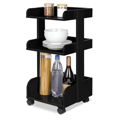 Afbeelding van Bomoe Bosse FSC® Houten Keukentrolley op 4 Vastzetbare Wielen &amp; 3 Etages Serveerwagen 32x35x69cm Zwart voor Badkamer Kantoor