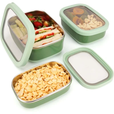 Afbeelding van Belle Vous (3 stuks) roestvrijstalen voedselbox met antislip buitenkant Bento roestvrij staal BPA vrij magnetronbestendig, vaatwasmachinebestendig en vriezer