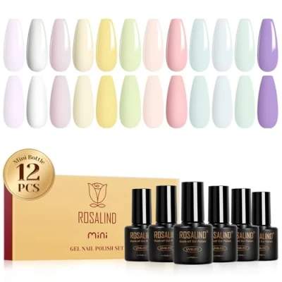Afbeelding van ROSALIND Macaron UV nagellak, 12 kleuren pastel roze wit paars geel groen blauw gel nagellak soak off set lente zomer kleurgel geschenkdoos