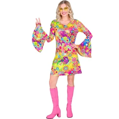 Afbeelding van Widmann Hippie Kostuum Super 60s Peace And Love Jurk Vrouw Multicolor Large Carnavalskleding Verkleedkleding