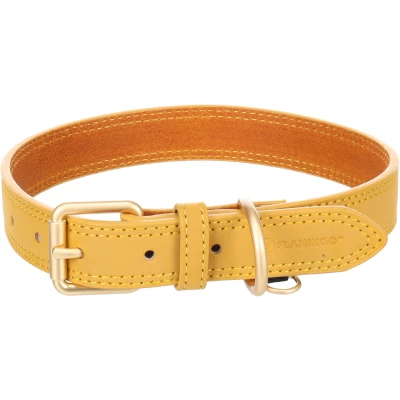 Afbeelding van Leren halsband hond Virginia met Ring ID hanger geel L