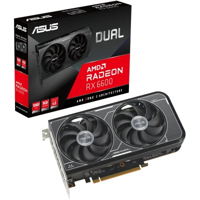 Afbeelding van ASUS DUAL AMD Radeon RX6600 8G Gaming grafische kaart met 8GB DDR6 geheugen, PCIe 4.0, 1x HDMI 2.1, 3x DI PlayPort 1.4a poorten.