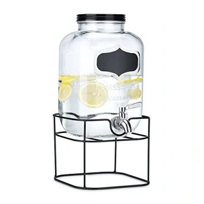 Afbeelding van Navaris glazen limonadetap met kraantje 5L Drankdispenser zwarte metalen standaard Sapdispenser Voor koude dranken