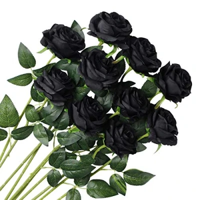 Afbeelding van Veryhome 10 stuks kunstrozen, zijden bloemen, kunstboeketten voor de decoratie van bruiloft, huis, feest, verjaardag, tuindecoratie (zwart bloeiende rozen)