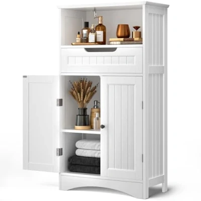 Afbeelding van Bealife Badkamerkast, badkameropbergkast met grote lade, 2 deuren verstelbare planken voor badkamer, woonkamer, slaapkamer, 108 x 60 30 cm, wit