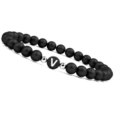 Afbeelding van Good.Designs armband met brief voor 2 I kralen partnerarmband mannen en vrouwen Onyx paar armbanden gravure Gepersonaliseerde zwart (Buchstabe V)