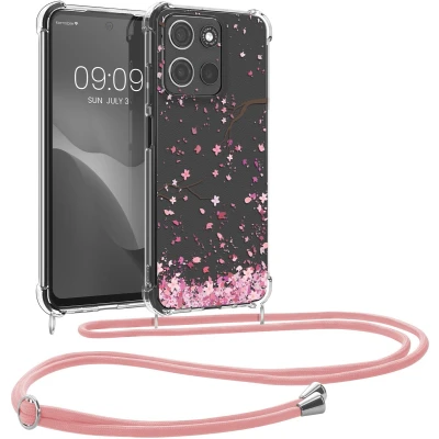 Afbeelding van kwmobile telefoonhoesje geschikt voor Motorola Moto G15 Hoesje met telefoonkoord Back cover smartphone Case in poederroze / donkerbruin transparant