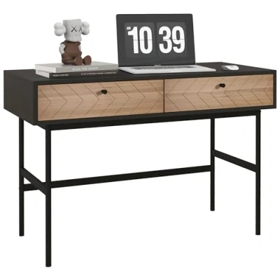 Afbeelding van HOMCOM Bureau Werktafel, compact, console met 2 laden, visgraatfronten, metalen frame, 106 x 50 77 cm, zwart