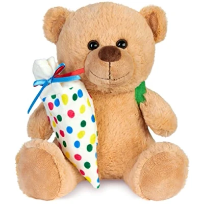 Afbeelding van BRUBAKER Teddybeer met Schooltas en Kleurrijke Schoolkegel om te Vullen 25 cm voor de Eerste Schooldag op School Pluche Rugzak Knuffel Knuffeldier