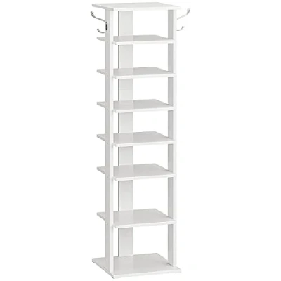 Afbeelding van 8 laags schoenenrek, smal schoenenkast met 2 haken, legplank, ruimtebesparend, stabiel, voor ingang, woonkamer, slaapkamer, wit