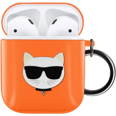 Afbeelding van Siliconen gel Airpods case met haak Choupette Ikonik Karl Lagerfeld Oranje