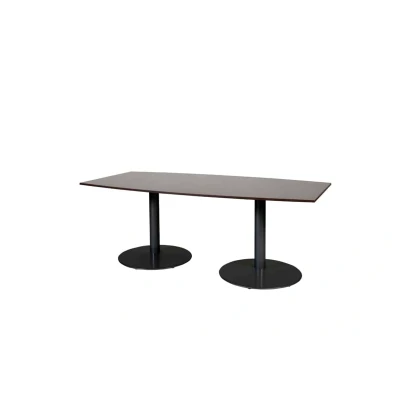 Afbeelding van Linesto 200x100cm tonvormige vergadertafel op vaste hoogte (74cm) met logan eiken 25mm blad en zwarte (RAL9005) trompetvoeten