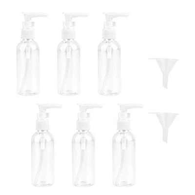 Afbeelding van JOYISEN 6 stuks 100 ml transparante reisflessen met kunststof pomp voor reizen 2 kleine trechters, wit, 147 x 39 mm