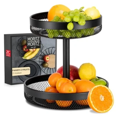 Afbeelding van Moritz &amp; Fruitstandaard Zwart metaal Fruitmand Plank Fruitschaal