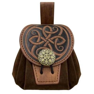 Afbeelding van HiiFeuer Renaissance retro reliëf kunstleer middeleeuwse riem zakje draagbare munt dobbelstenen tas voor LARP Ren Faire, Bruin B, Middeleeuws