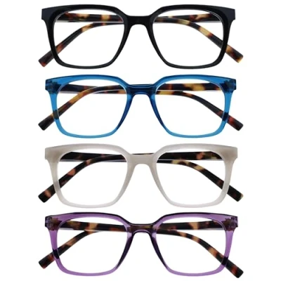 Image de OPULIZE KOI Lunettes de Lecture Lot 4 Large Monture Rectangulaire Noir/Bleu/Violet/Gris Hommes Femmes Charnières à Ressorts RRRR50 1357 +2.50